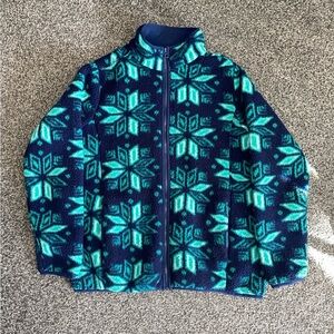 Land’s End Snowflake Fleece Zip Up Jacket Navy/Teal Size Med Petite